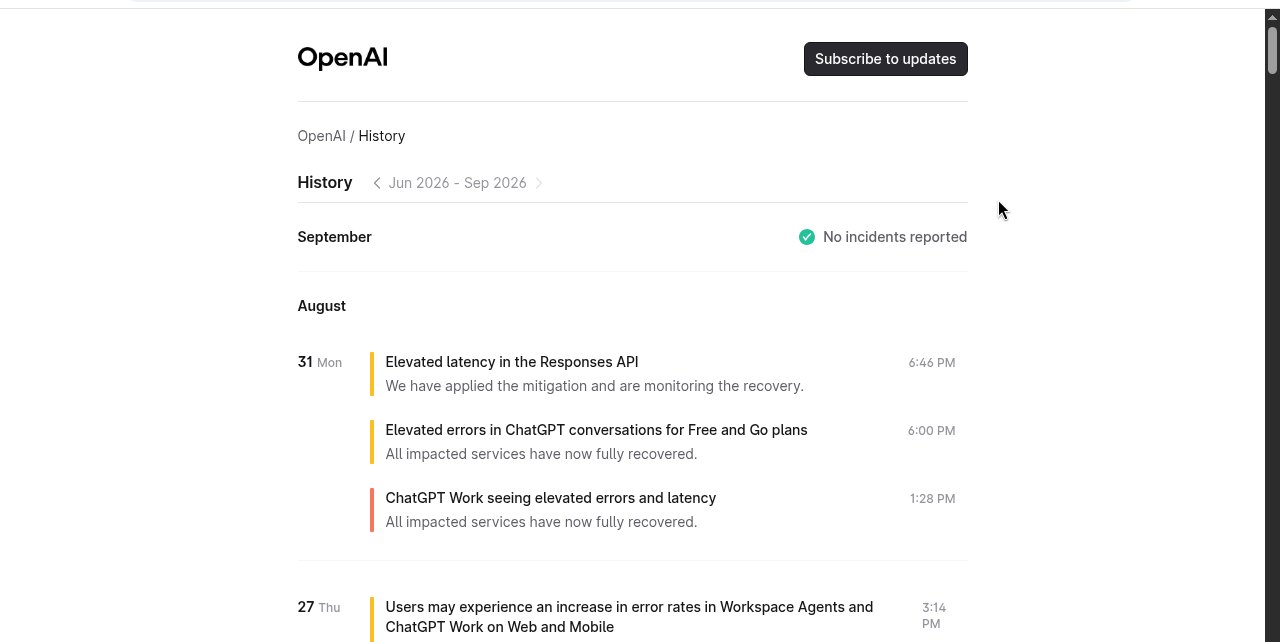 OpenAI 状态页 8月31日事故记录
