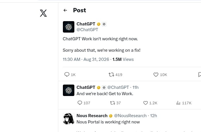 ChatGPT 官方:Work 挂了,随后宣布恢复