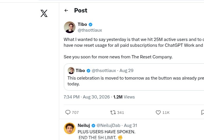 Tibo 8月30日:付费 ChatGPT Work 和 Codex 用量已重置